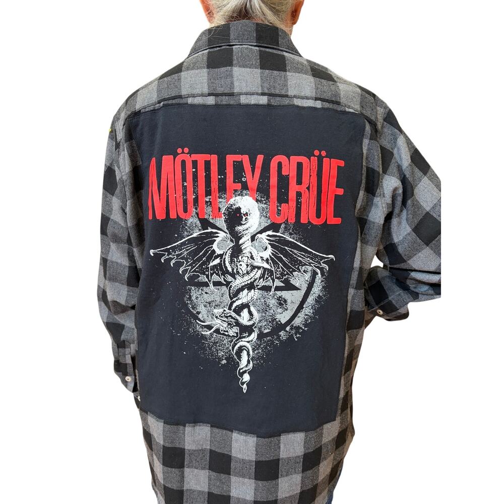 Motley Crue Upcycled Flannel Shirt Unisex XL X-large